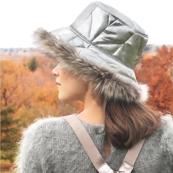 Eric Javits Silver Invincible Winter Puffer Bucket Hat NWT - Picture 5 of 10